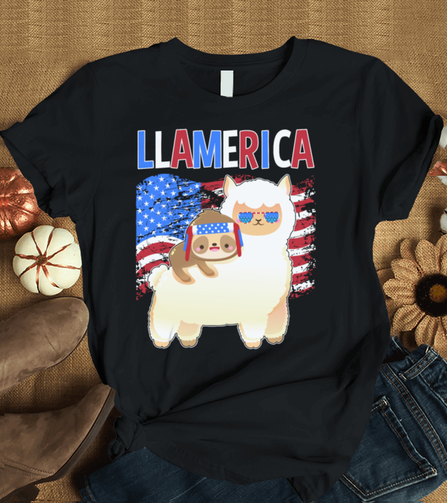 Llamerica 4th of July America Merica Llama Sloth T-Shirt