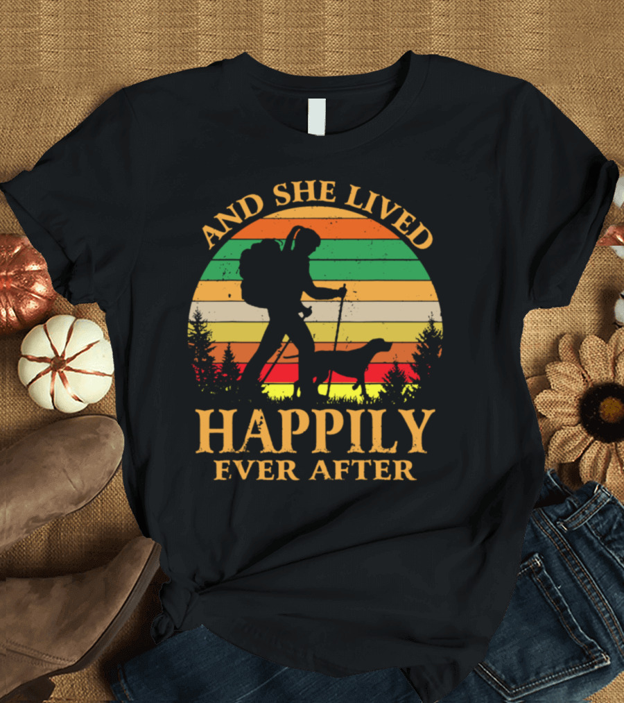 And She Lived Happily Ever After Hiking Dog Vintage Sunset T-Shirt