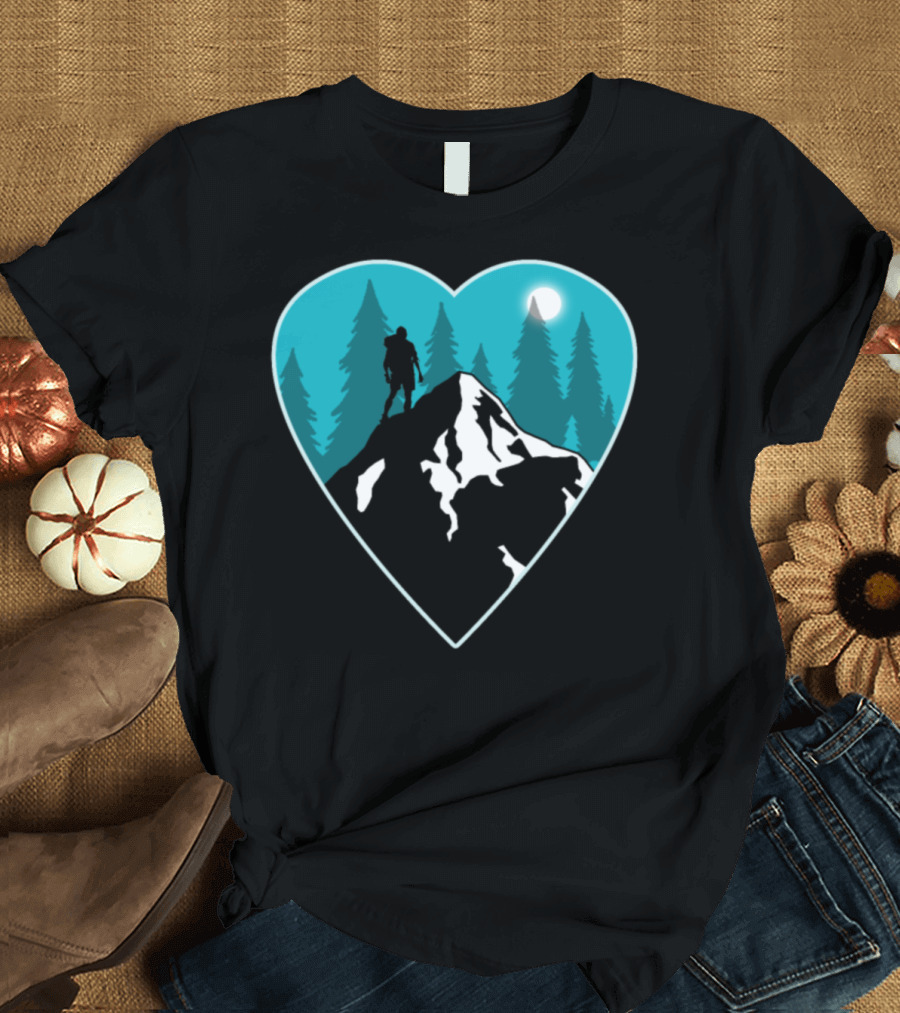 Valentines Day Hiking Love Couple Mountains Heart with Moonlit T-Shirt