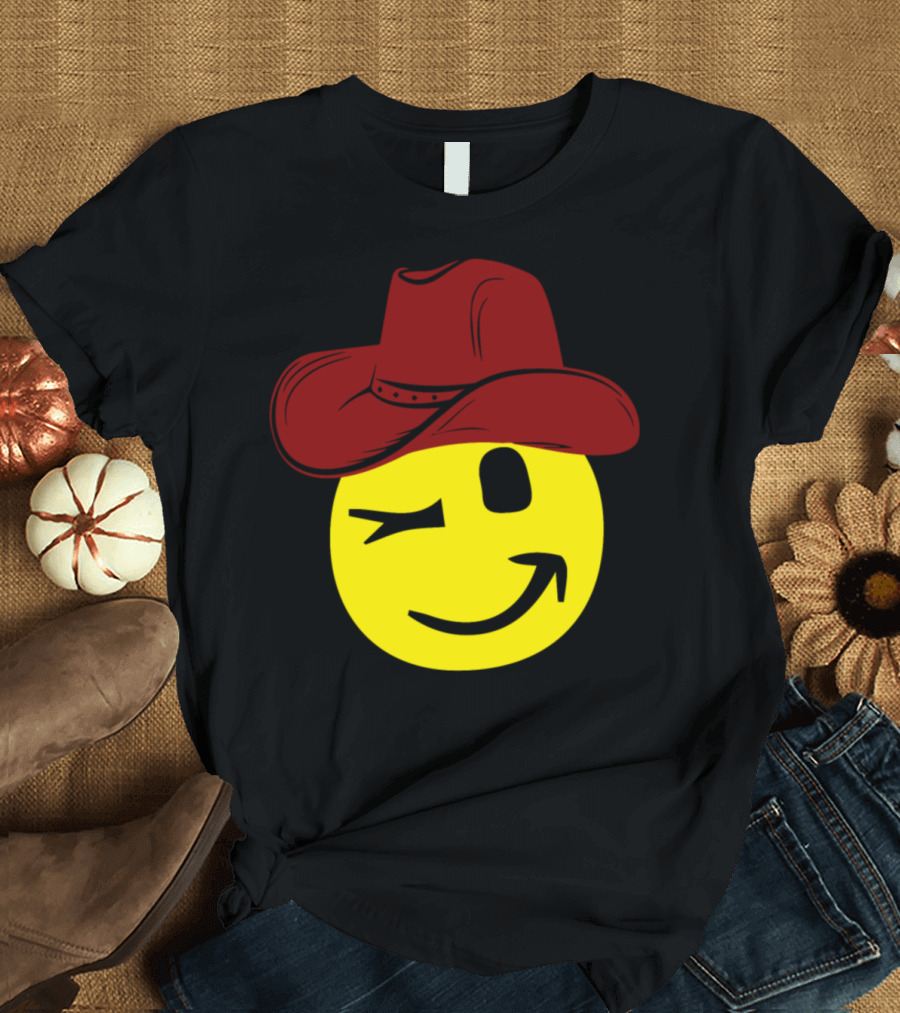 Comic Cowboy Winking Smiley Face with Red Hat T-Shirt