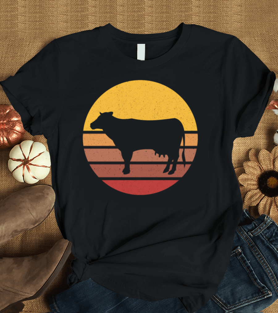 Cow Silhouette Against Sunset Stripes T-Shirt