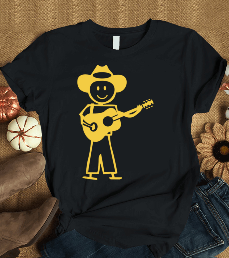 Cowboy Buskers Guitar Player Icon in Yellow Hat T-Shirt