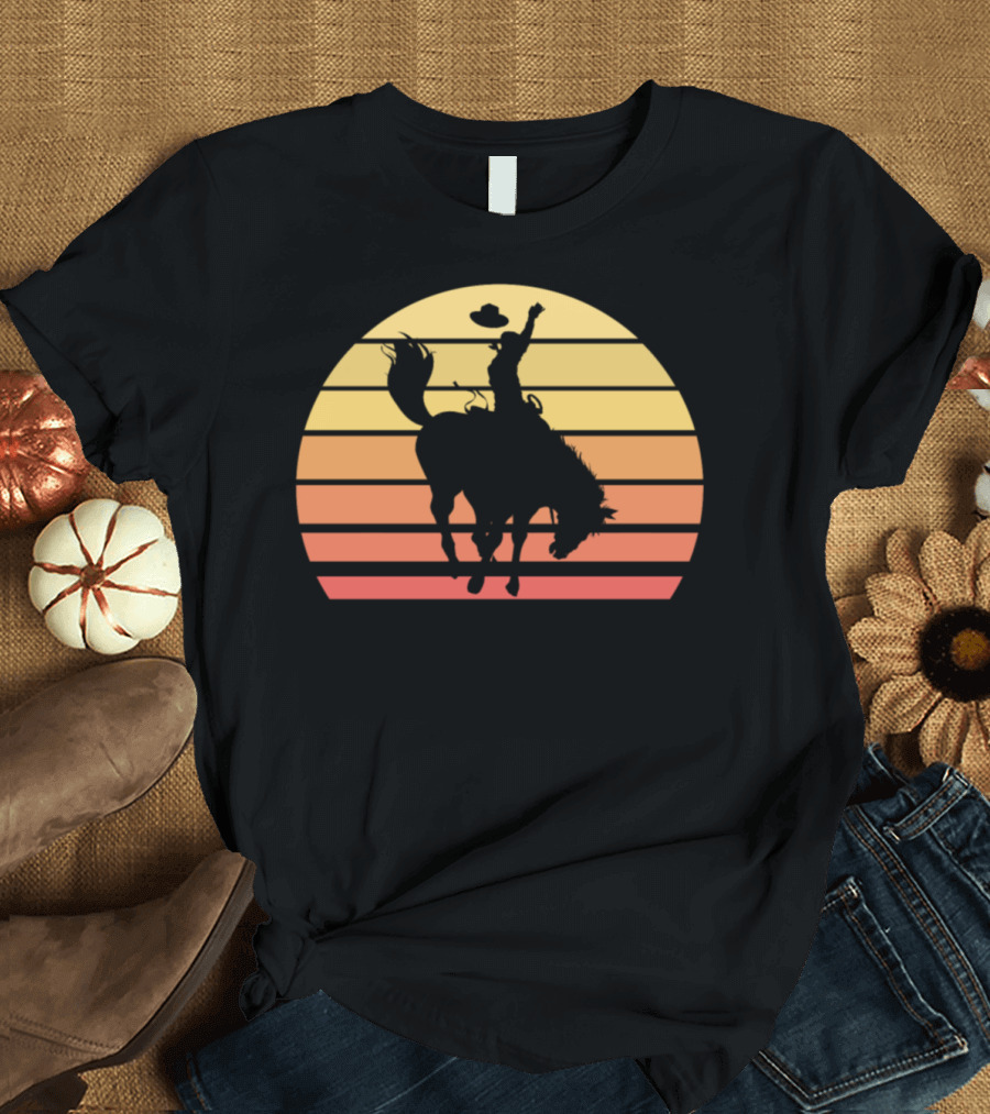 Cowboy Retro Western Texas Urban Sunset Silhouette Riding Horse T-Shirt