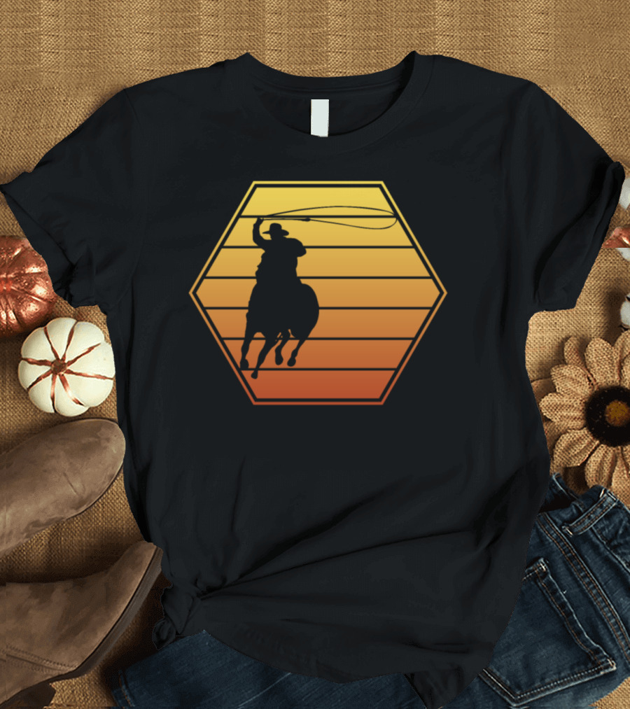 Cowboy Roping Sunset Silhouette Hexagon T-Shirt