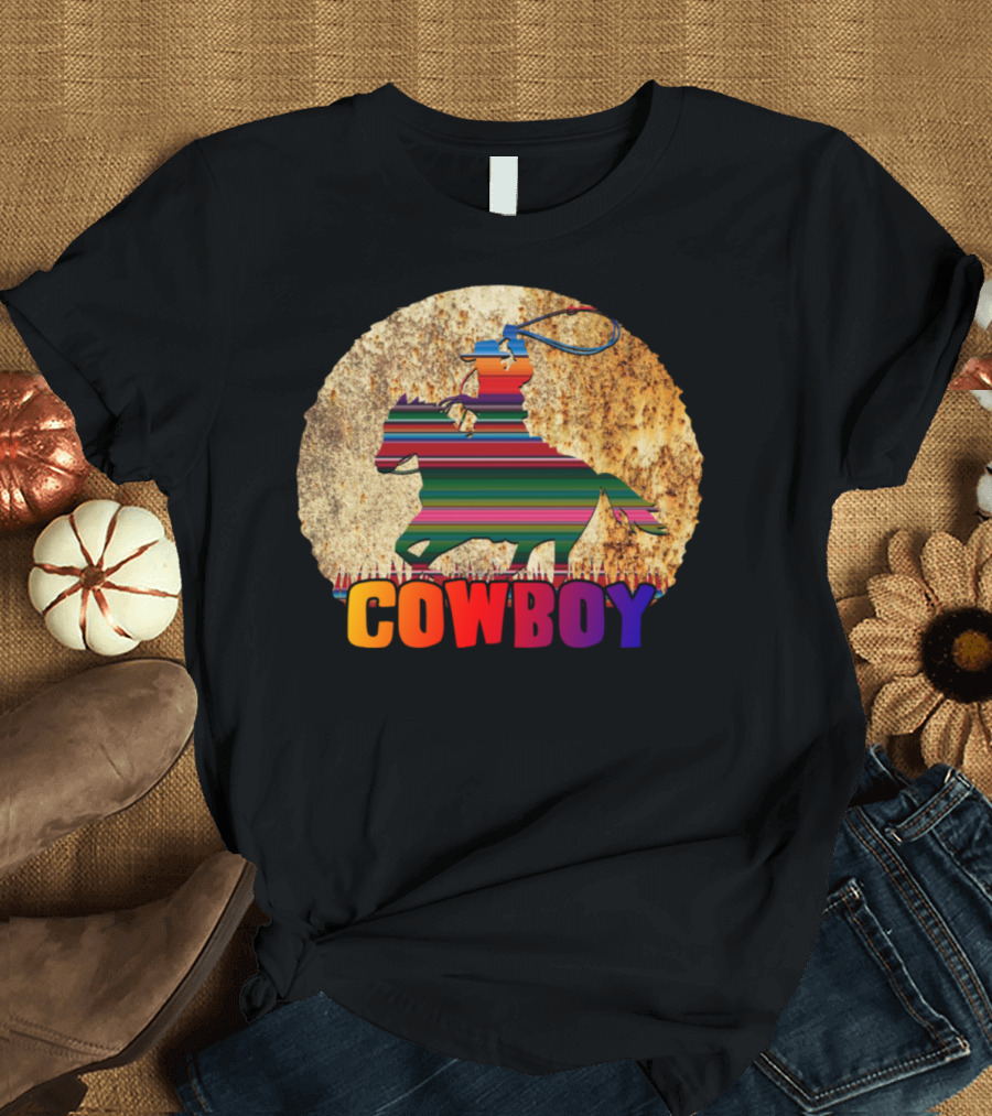 Cowboy with Rusty Vintage Background and Multicolored Rider T-Shirt