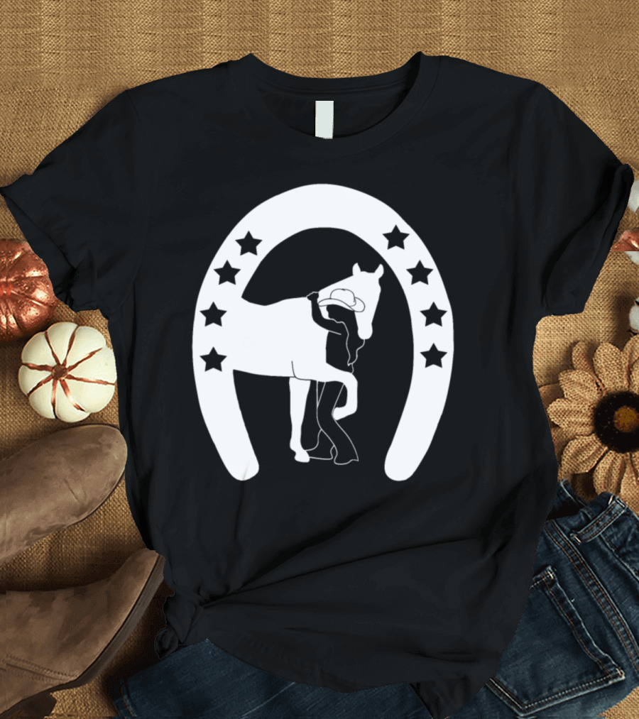 Cowgirl Embrace with Horse and Horseshoe Stars T-Shirt