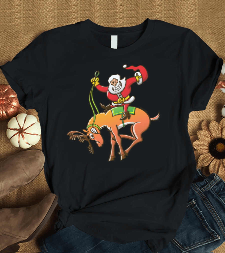 Christmas Rodeo Santa Riding Reindeer T-Shirt