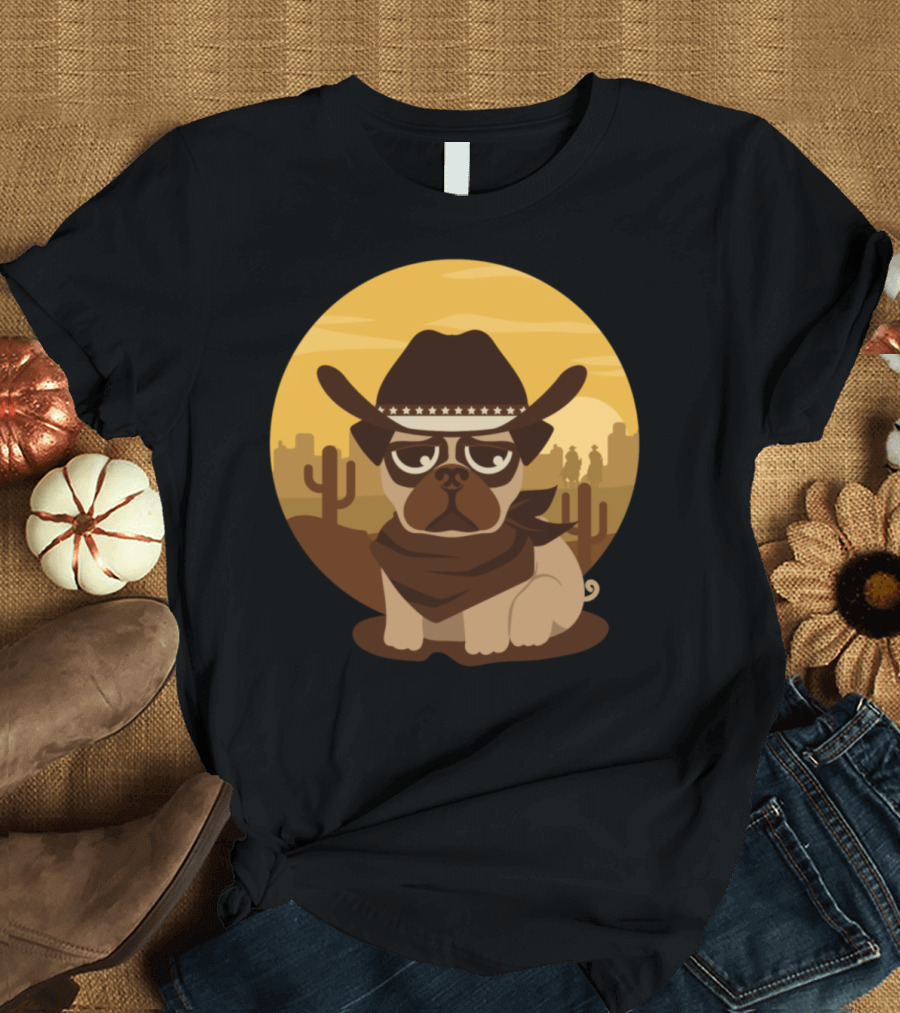 Lovely Pug Cowboy with Western Style Hat and Bandana in Desert Scene T-Shirt