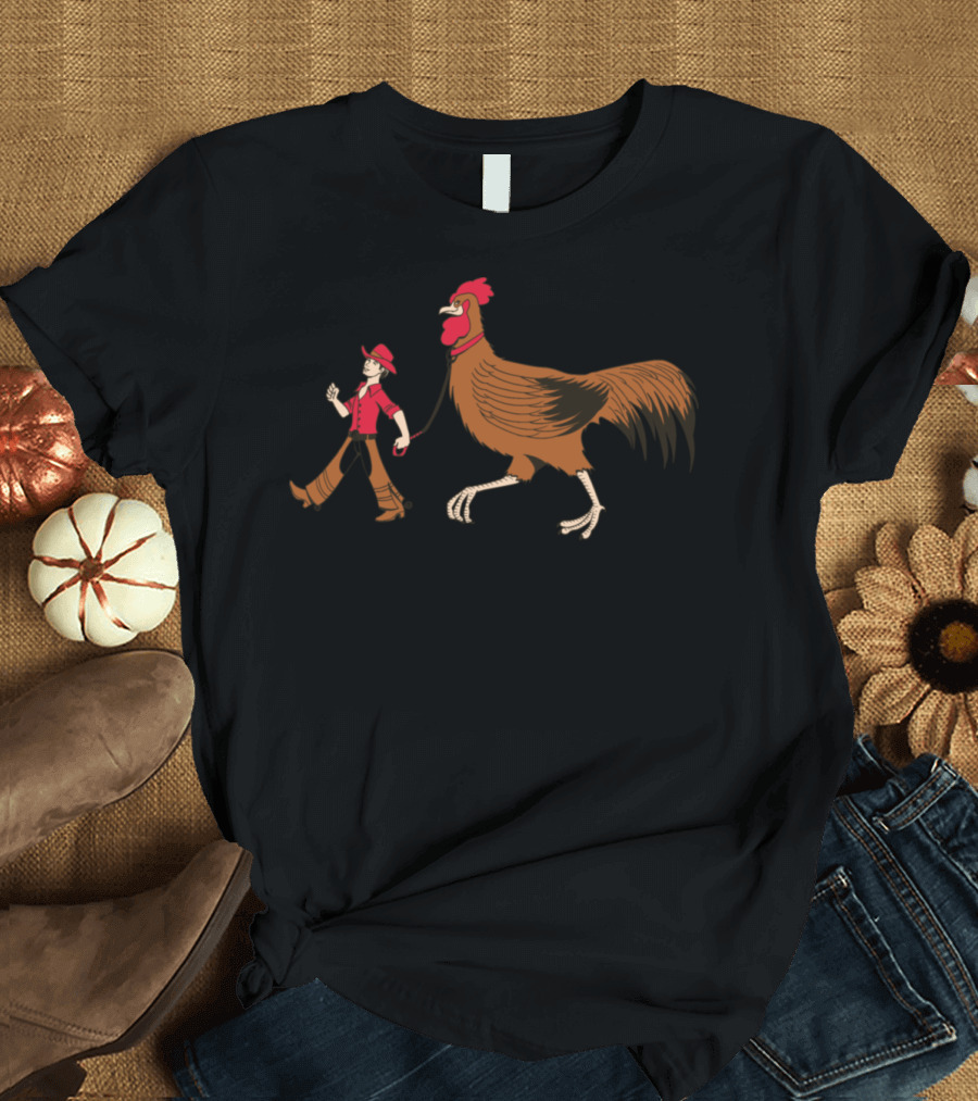 Mancowboyleadingagiantrooster Giant Rooster Cowboy Character T-Shirt