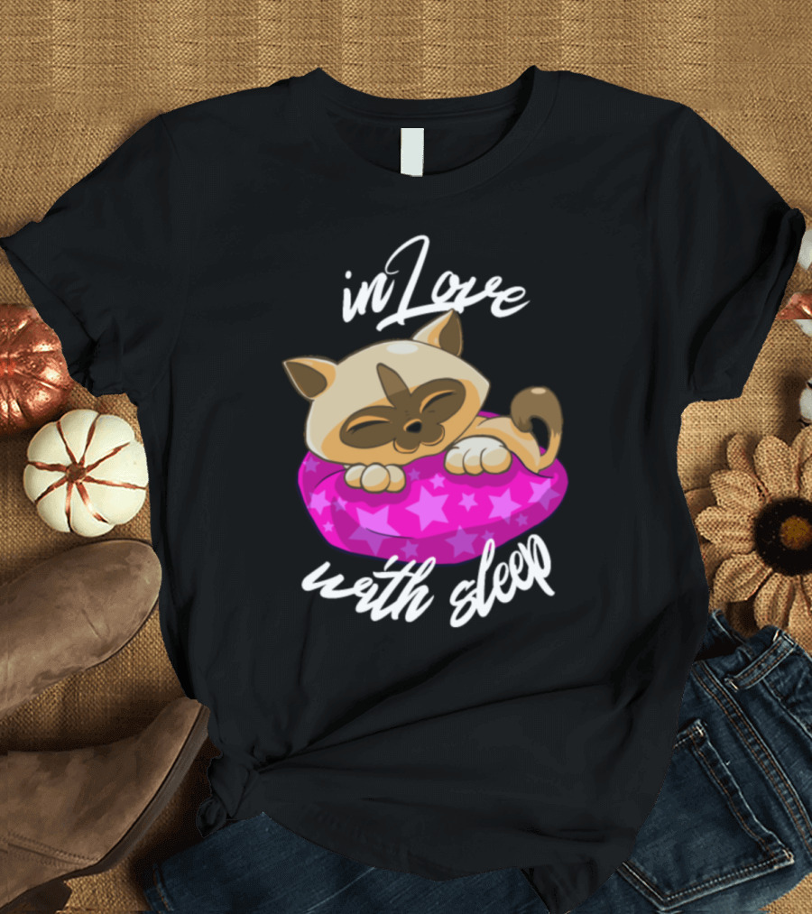 In Love With Sleep Cuddly Cat on Star Pillow T-Shirt