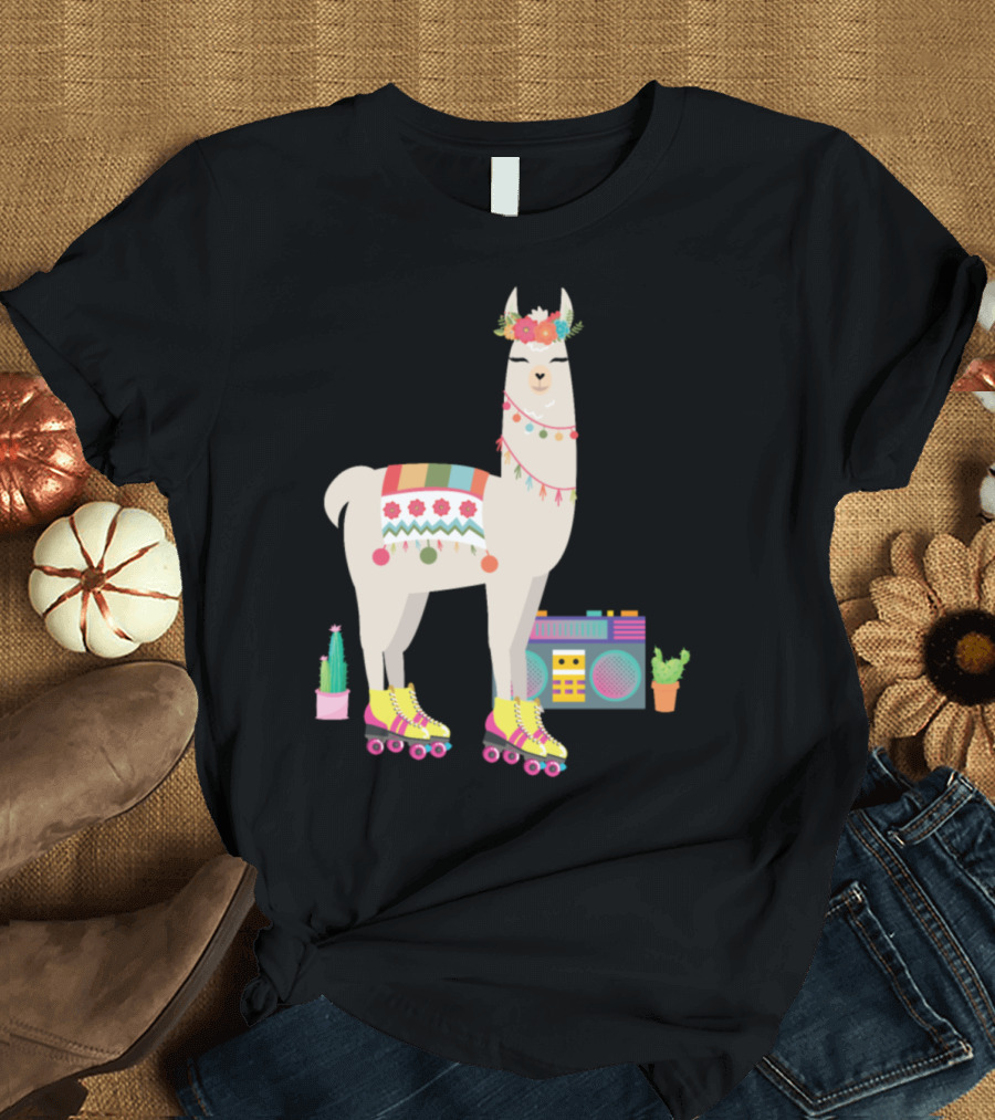 Retro Llama Roller Skate Derby 70s 80s Boombox Cactus Vibes T-Shirt