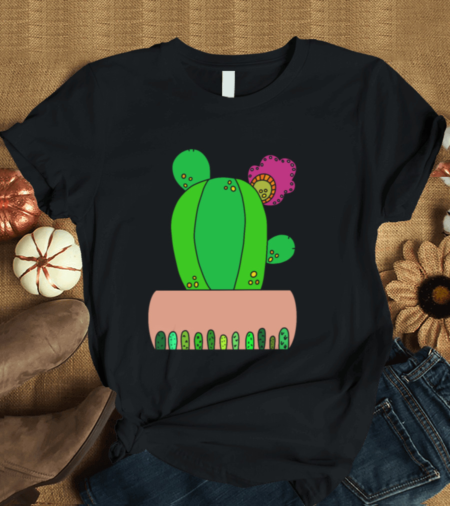 The Pretty Cactus in Colorful Pot with Pink Flower and Green Dot T-Shirt