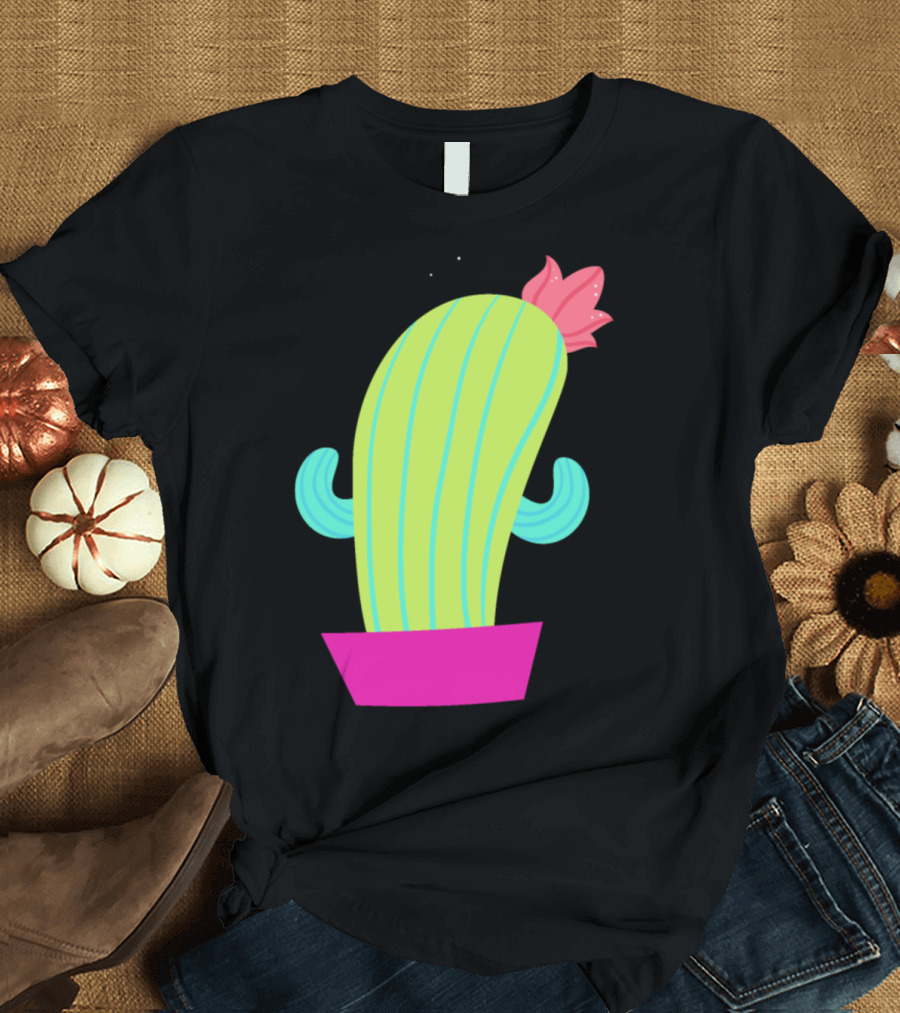 Trending Funny Cactus in Pink Pot with Flower and Teal Arms T-Shirt