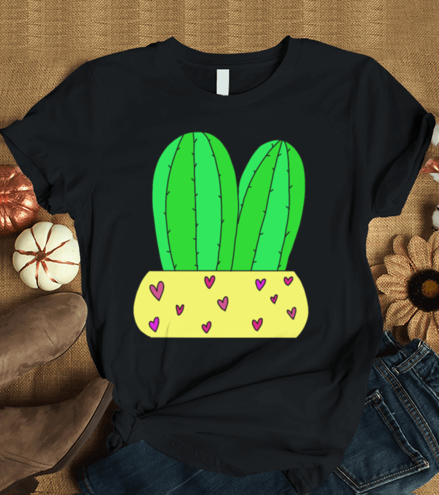 2 Cacti in Love with Hearts in Yellow Pot T-Shirt