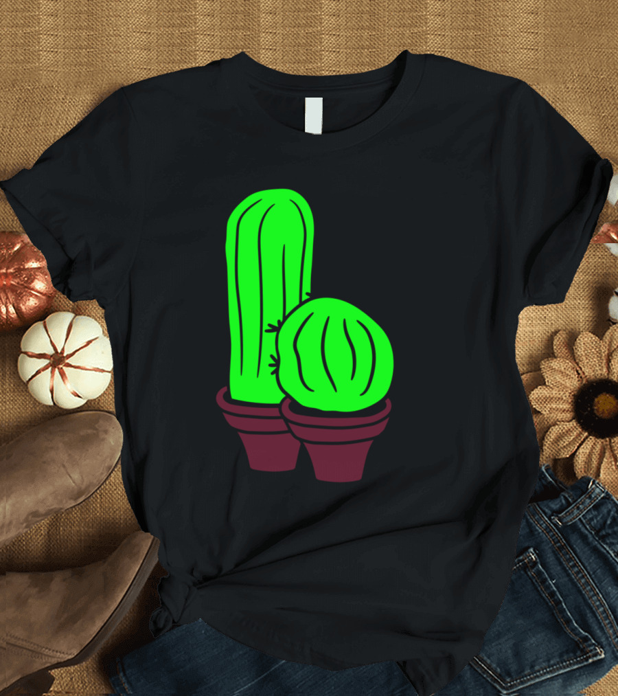 2 Kakten Flowerpot Small Green Cactus Balcony Cartoon Duo T-Shirt