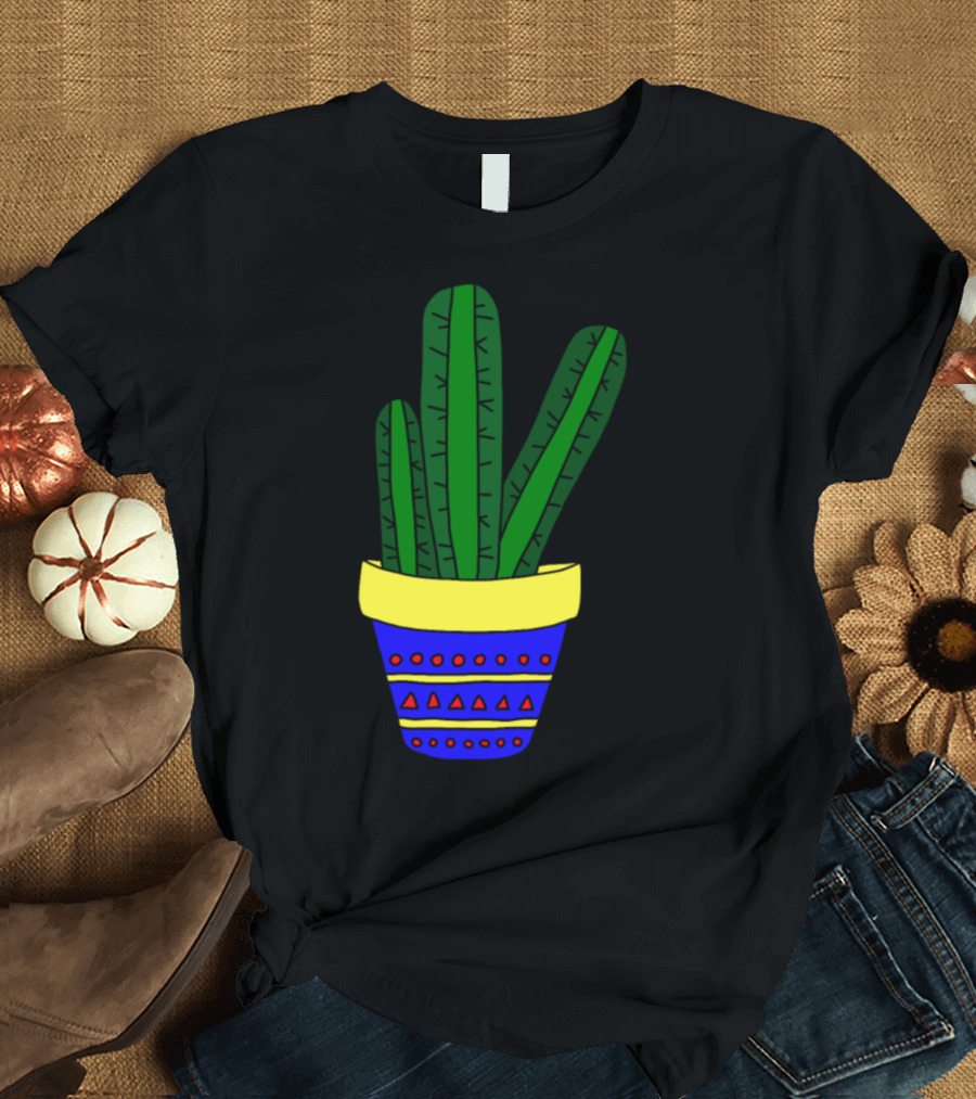 3 Simple Cacti in Colorful Pot with Geometric T-Shirt
