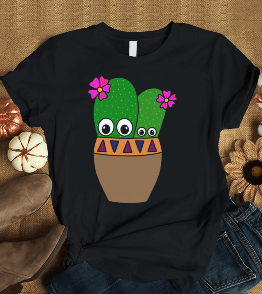 Adorable Cacti with Big Eyes and Flowers in Colorful Patterned Jar T-Shirt