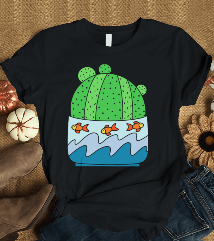 Ball Cactus with Goldfish and Waves in Pot T-Shirt