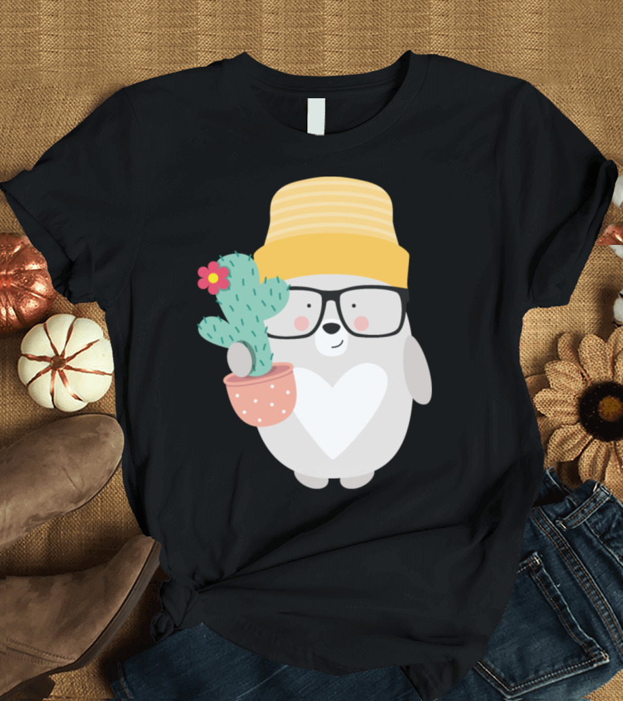 Bear Wearing Glasses and Yellow Hat Holding Cactus with Flower T-Shirt