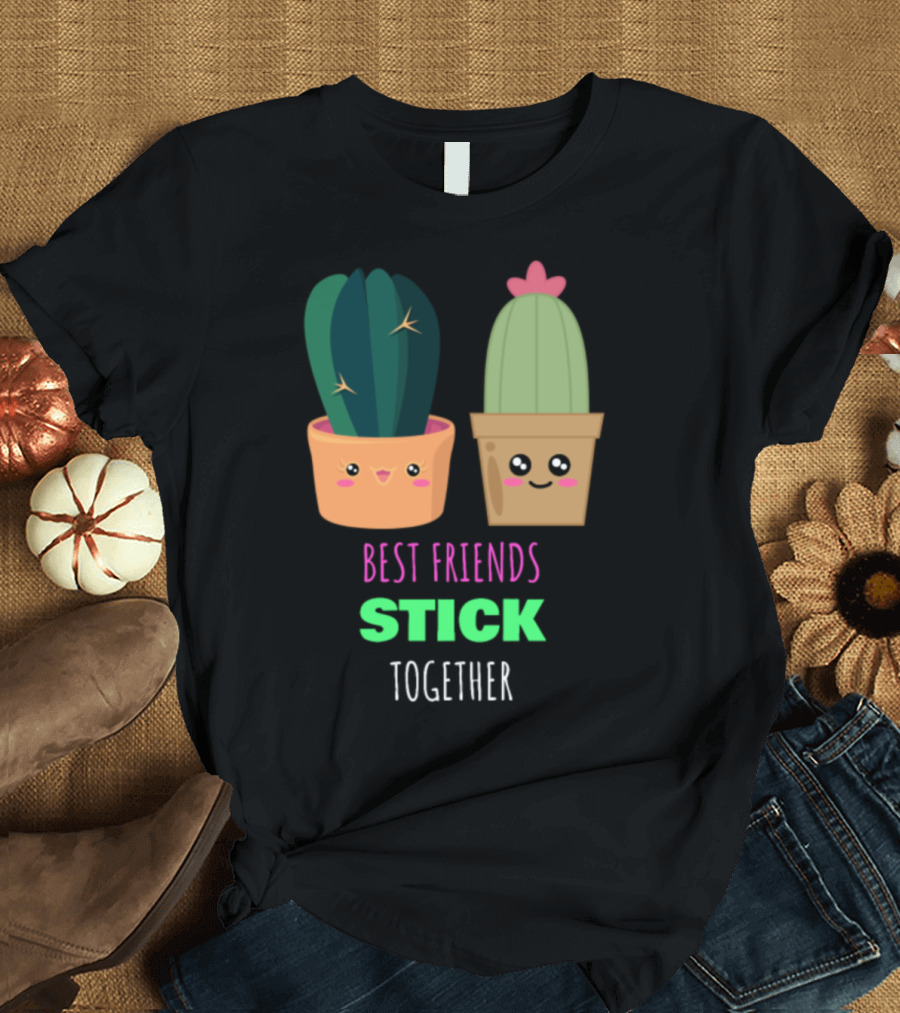 Best Friends Stick Together Cute Smiling Cactus Pun T-Shirt