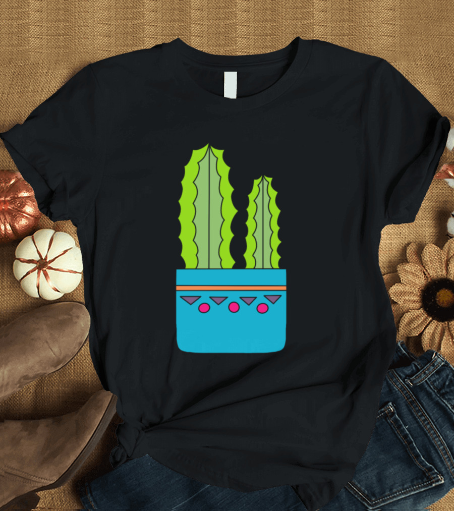 Big And Small Cacti In Blue Pot With Geometric T-Shirt