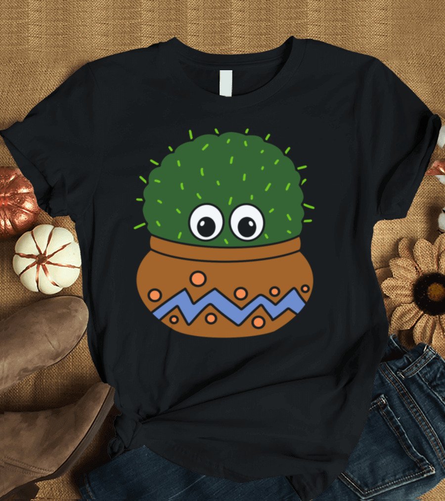 Big Eyed Round Cactus in Decorated Pot with Zigzag T-Shirt
