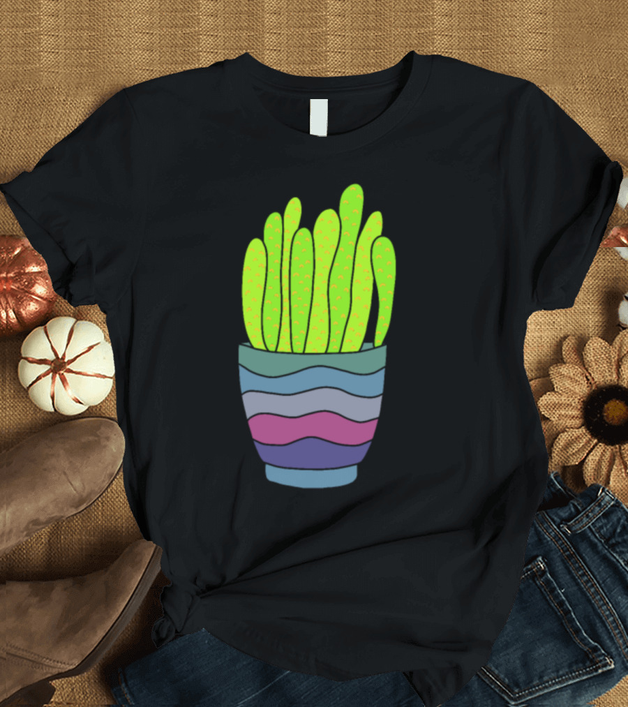 Bright Green Succulents in Colorful Striped Pot T-Shirt