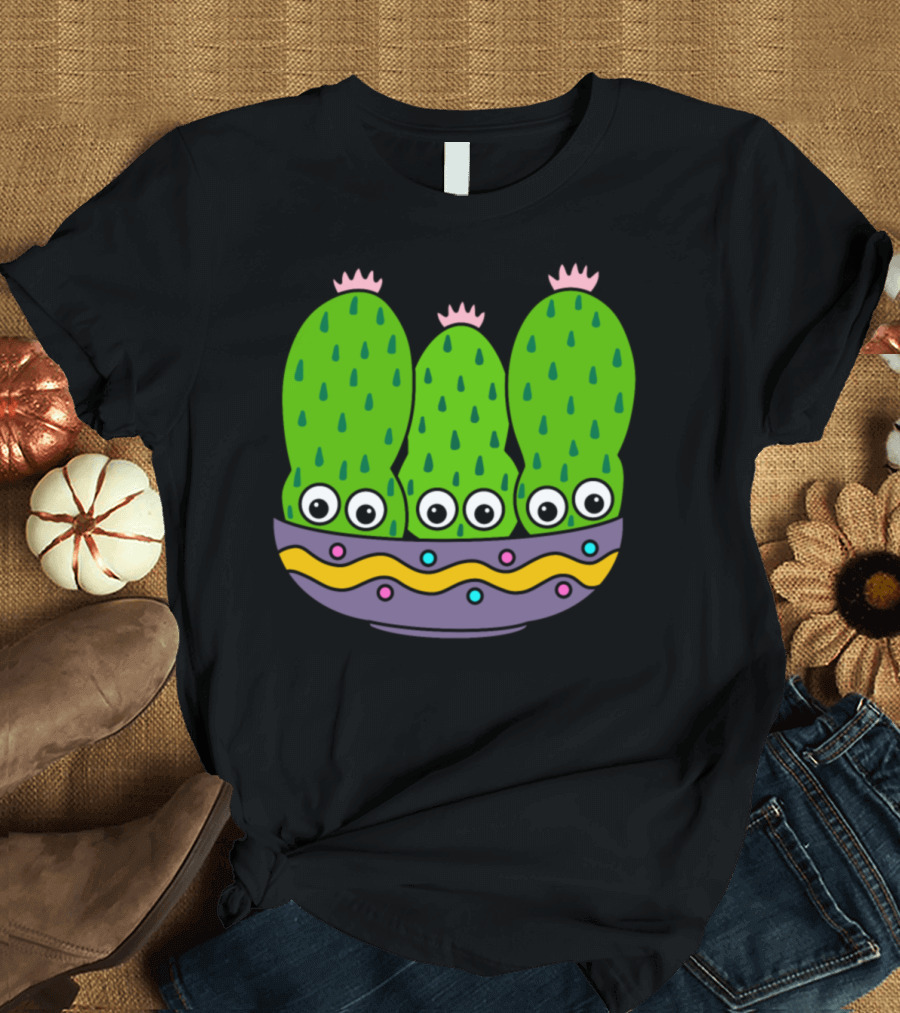 Cacti Bunch In Pretty Bowl With Eyes And Colorful T-Shirt