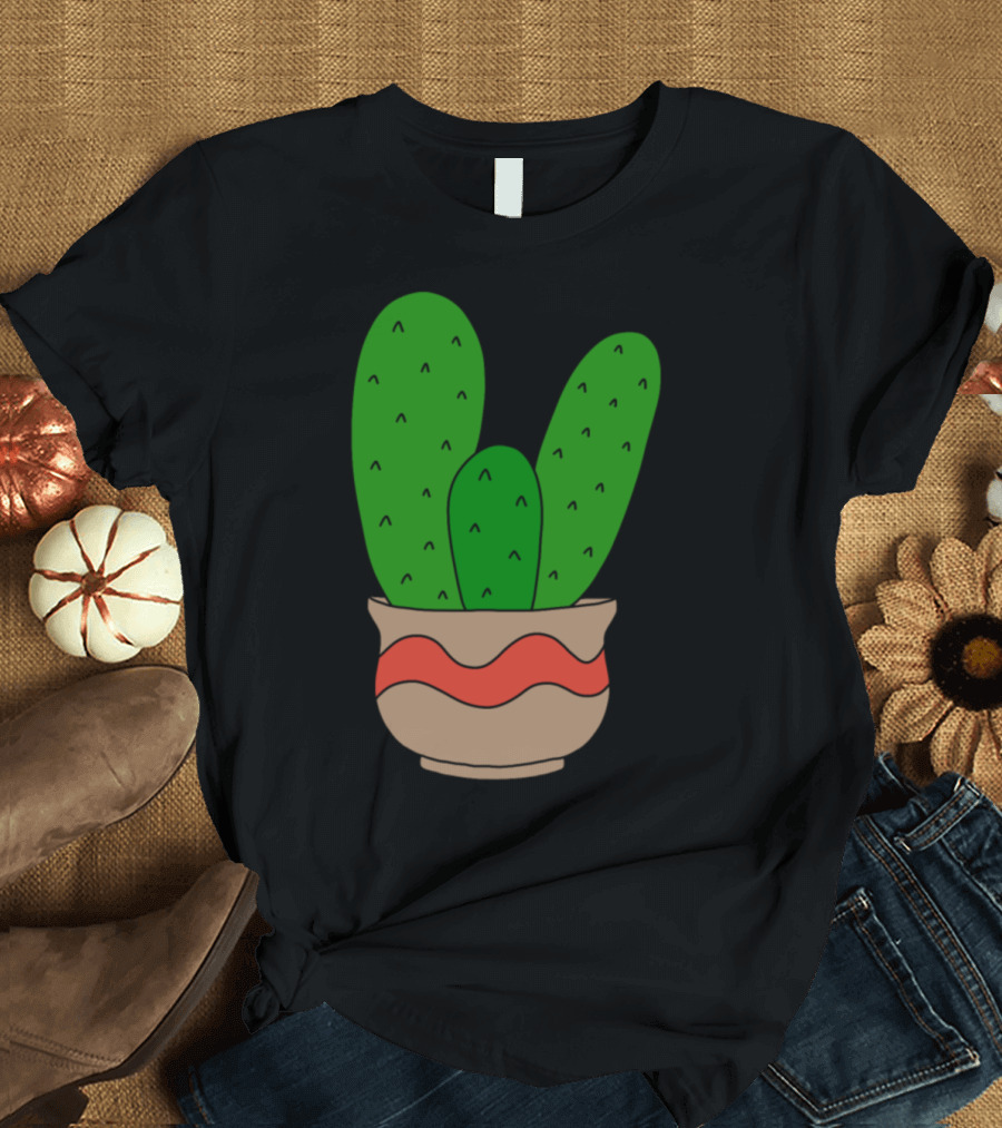 Cacti in Cute Pot with Simple Red Wavy T-Shirt