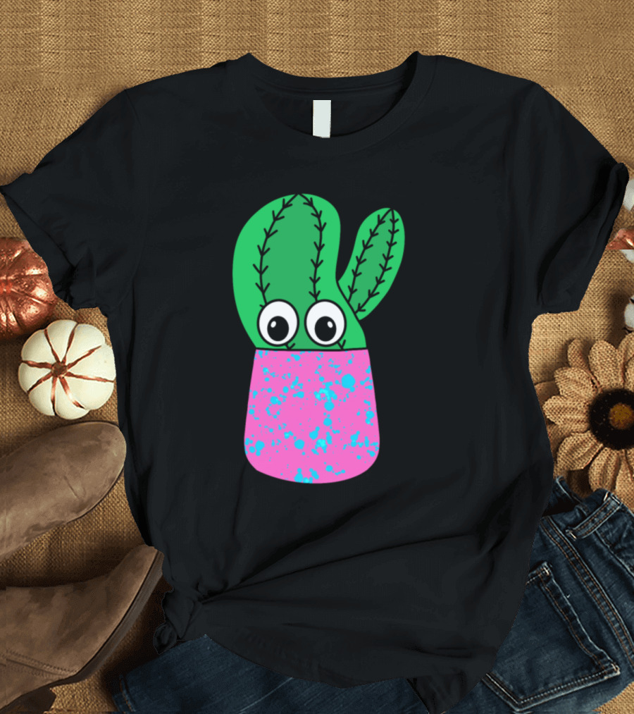 Cactus with Googly Eyes in Pink and Blue Splattered Pot T-Shirt