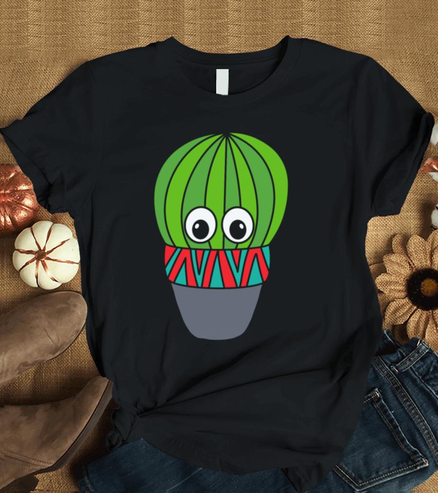 Cactus With Eyes In Colorful Patterned Pot T-Shirt