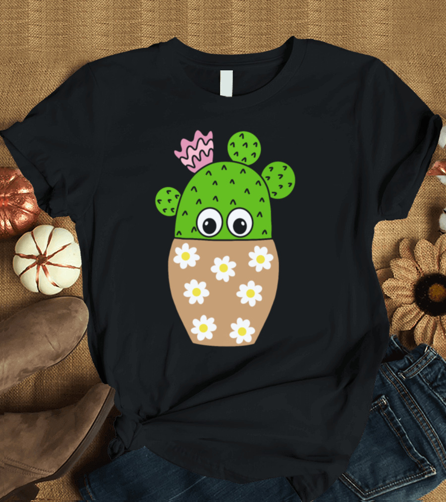Cactus in Daisy Jar with Eyes and Pink Flower T-Shirt