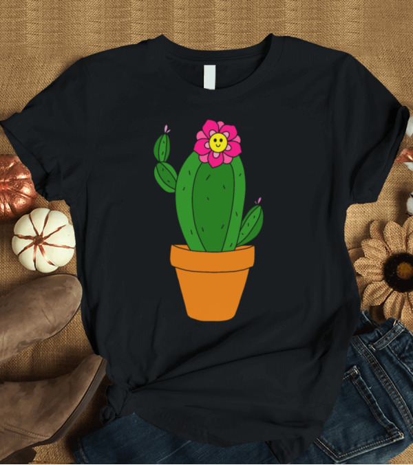 T-Shirt: Cactus With Adorable Smiling Pink Flower in Terracotta Planter T-Shirt Cactus With Adorable Smiling Pink Flower in Terracotta Planter T-Shirt