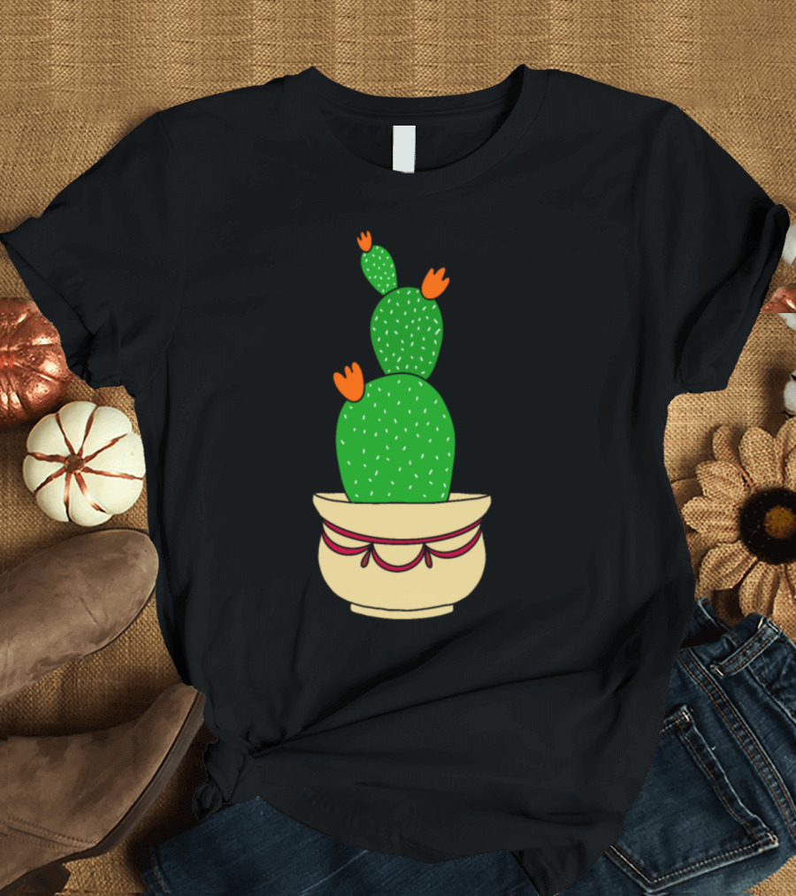 Cactus With Bright Orange Blooms In Decorative Pot T-Shirt