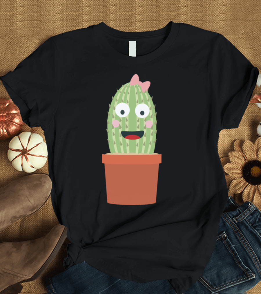 Cactus Cute Smiling Face with Pink Bow on Pot T-Shirt