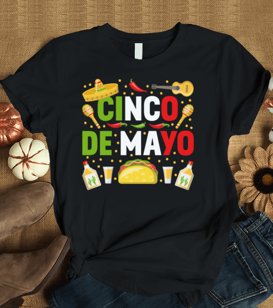 Cinco De Mayo Party Sombrero Taco Guitar Maracas Tequila Peppers T-Shirt