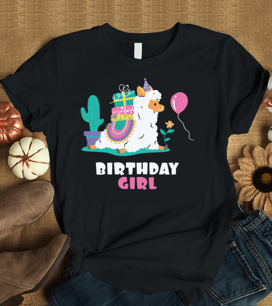 Birthday Girl Cool Cute Alpaca Llama Cactus Balloon T-Shirt