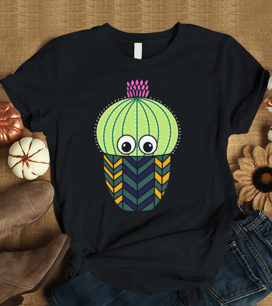 Cute Barrel Cactus with Colorful Patterned Pot and Pink Flower T-Shirt