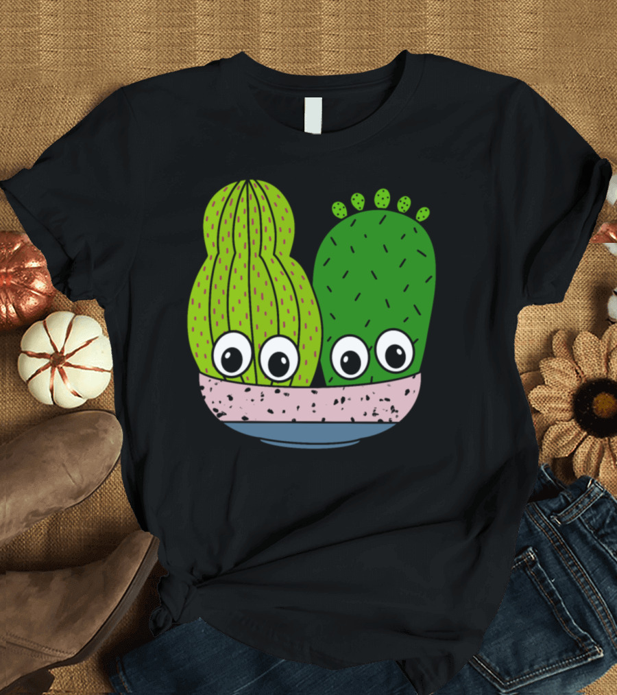 Cute Cacti Characters in Playful Pottery Bowl T-Shirt