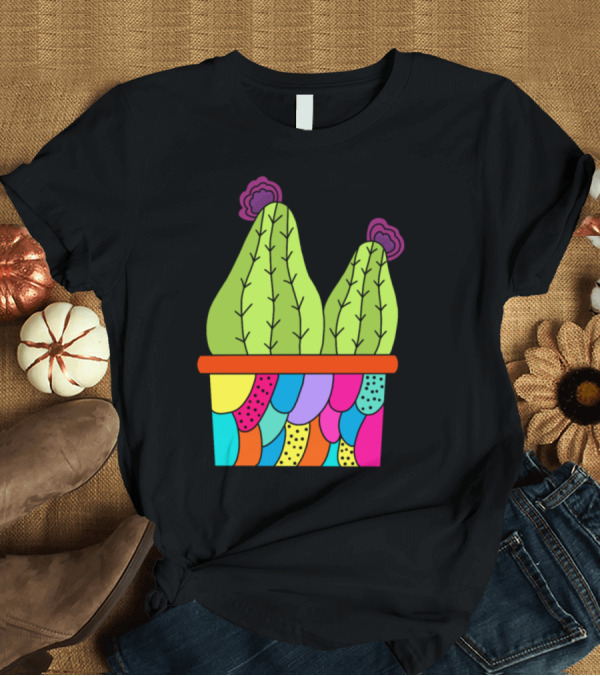 T-Shirt: Cute Cacti with Flowers in Colorful Funky Patterned Pot T-Shirt Cute Cacti with Flowers in Colorful Funky Patterned Pot T-Shirt