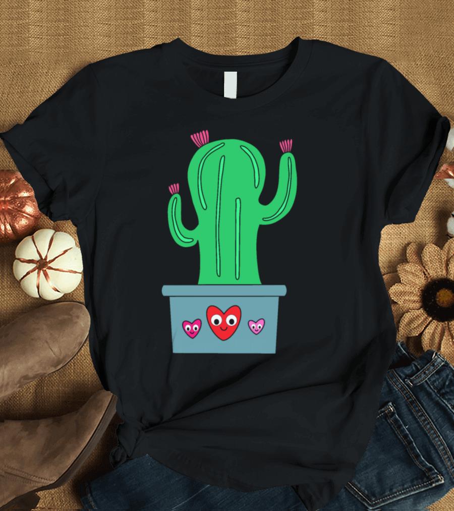 Cute Smiling Cactus with Colorful Hearts in Pot T-Shirt