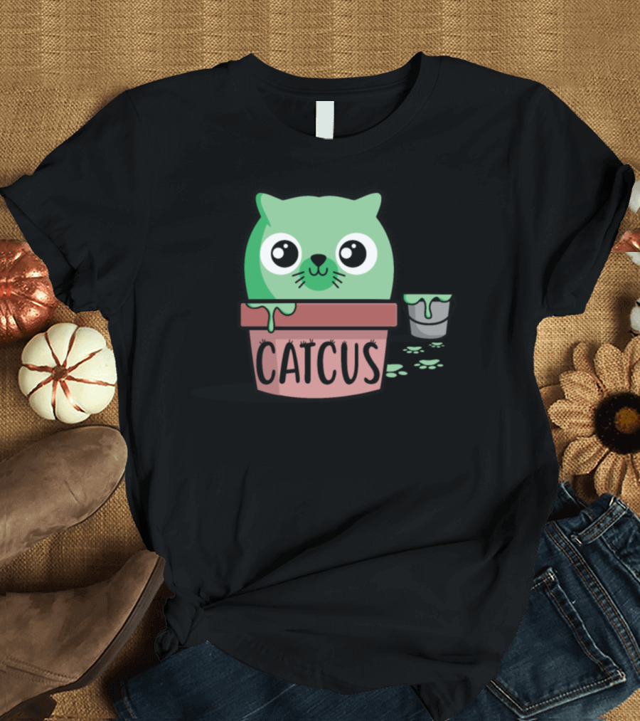 Catcus Cute Green Cat In Pot With Paint Bucket T-Shirt