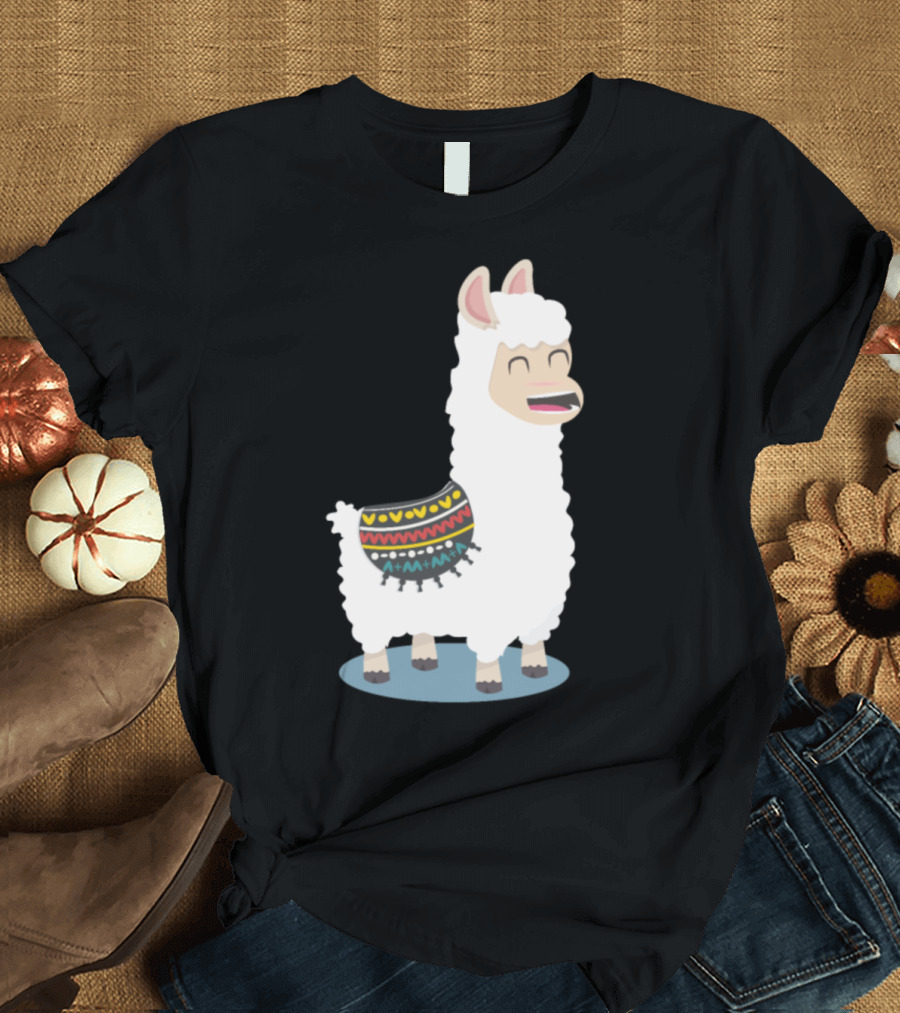 Cute Funny Alpaca with Colorful Blanket Eats Grass T-Shirt