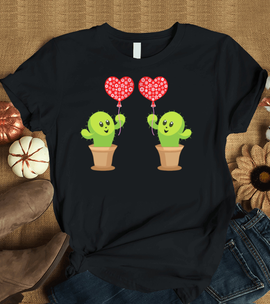 Cute Happy Kawaii Cactus Holding Red Heart Balloons T-Shirt