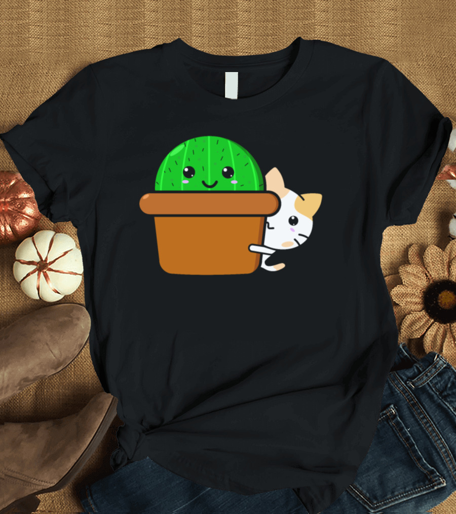 Kawaii Cat Peeking Behind Smiling Cactus in Pot T-Shirt