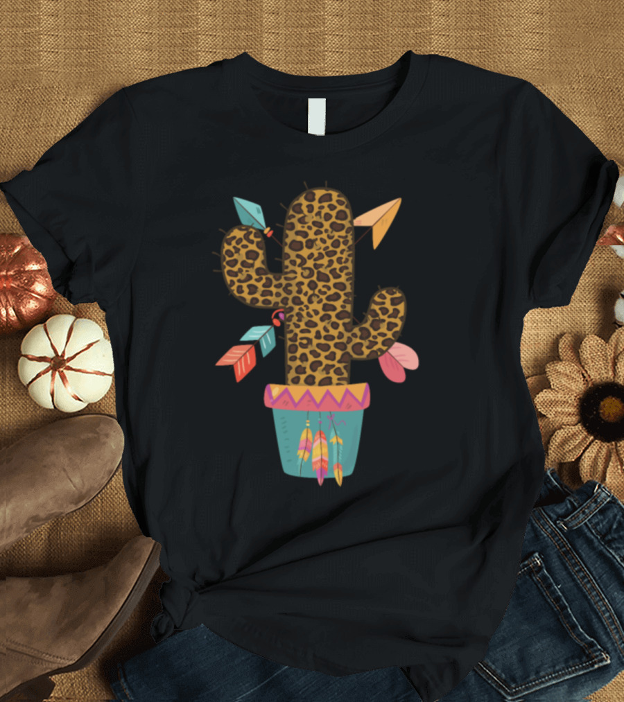 Cute Leopard Print Boho Chic Colorful Cactus T-Shirt