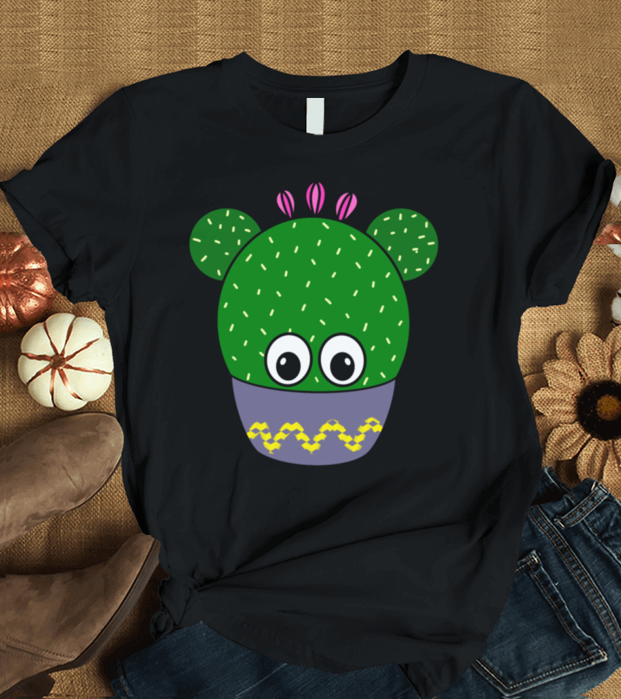 Cute Round Cactus with Big Eyes and Pink Flower Details in a Patterned Bowl T-Shirt