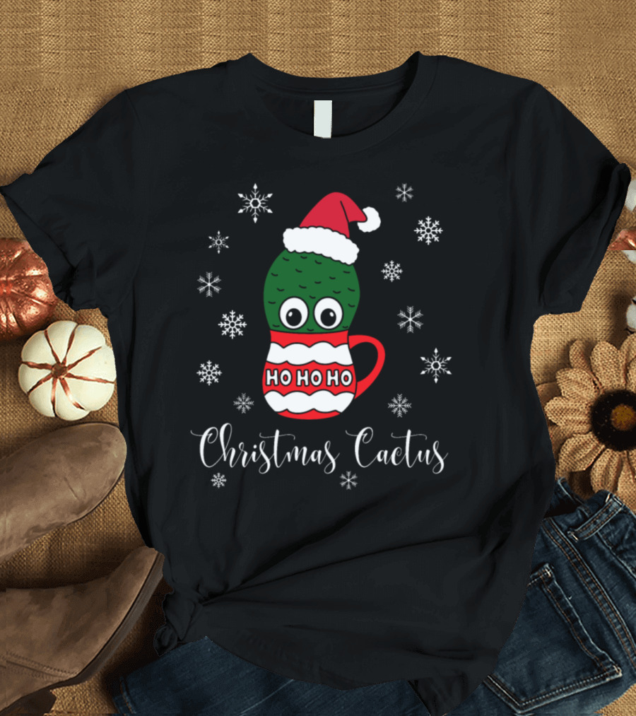 Christmas Cactus Ho Ho Ho Santa Hat Snowflakes T-Shirt