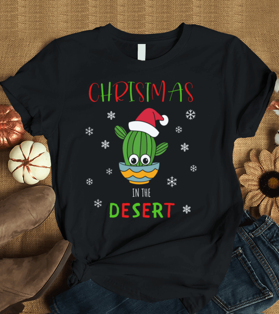 Christmas In The Desert Festive Cactus Santa Hat Snowflakes T-Shirt
