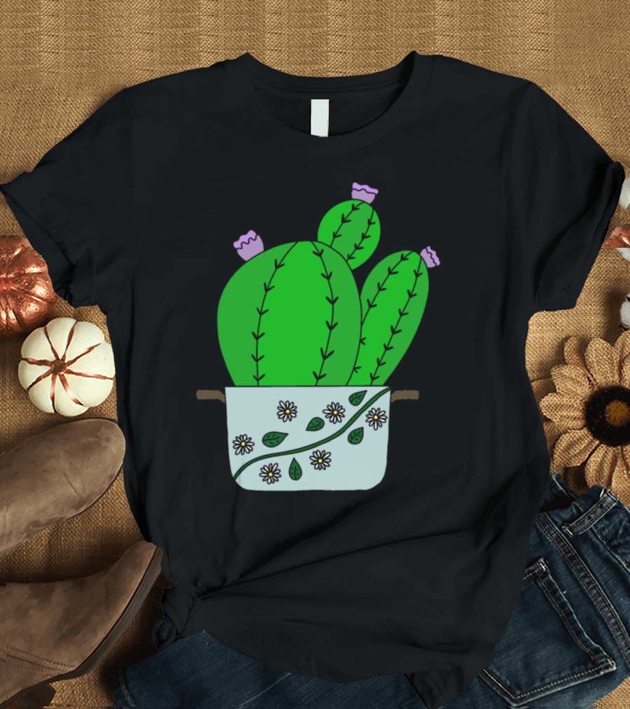 Echinocereus Cacti With Blooms Decorated Pot with Daisies T-Shirt